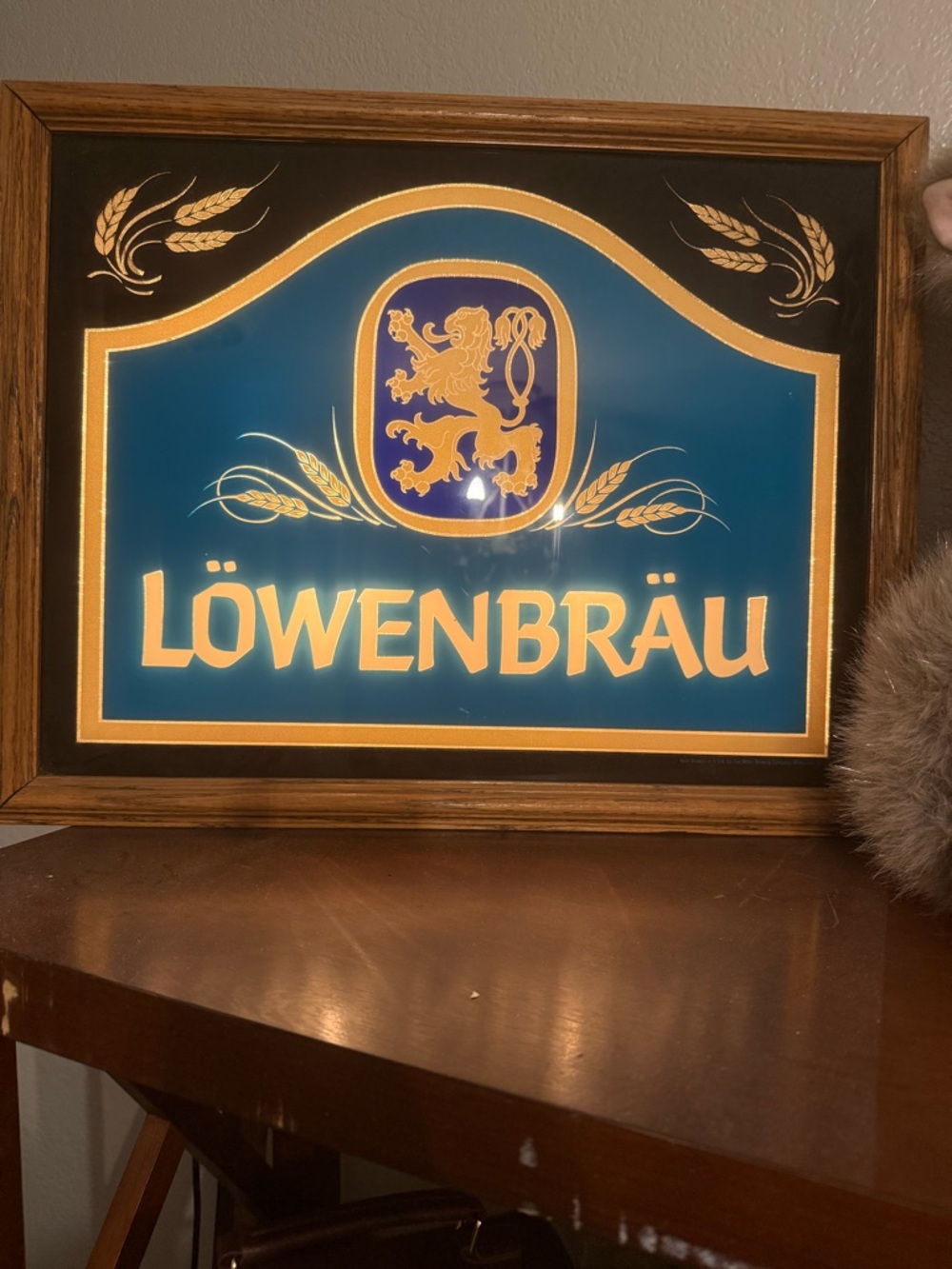 Löwenbräu Framed Sign - Blue and Gold Brewery Logo vintage lights up